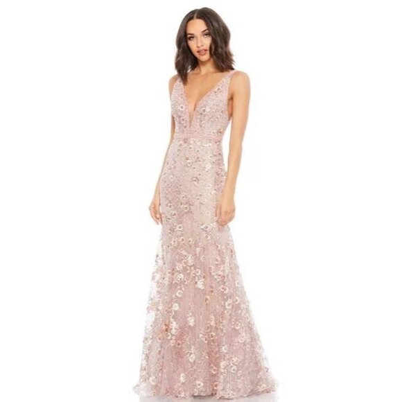 Mac Duggal Dresses & Skirts - Mac Duggal Size 2 Pink Floral Embellished Sleeveless Plunge Neck Gown Dress New